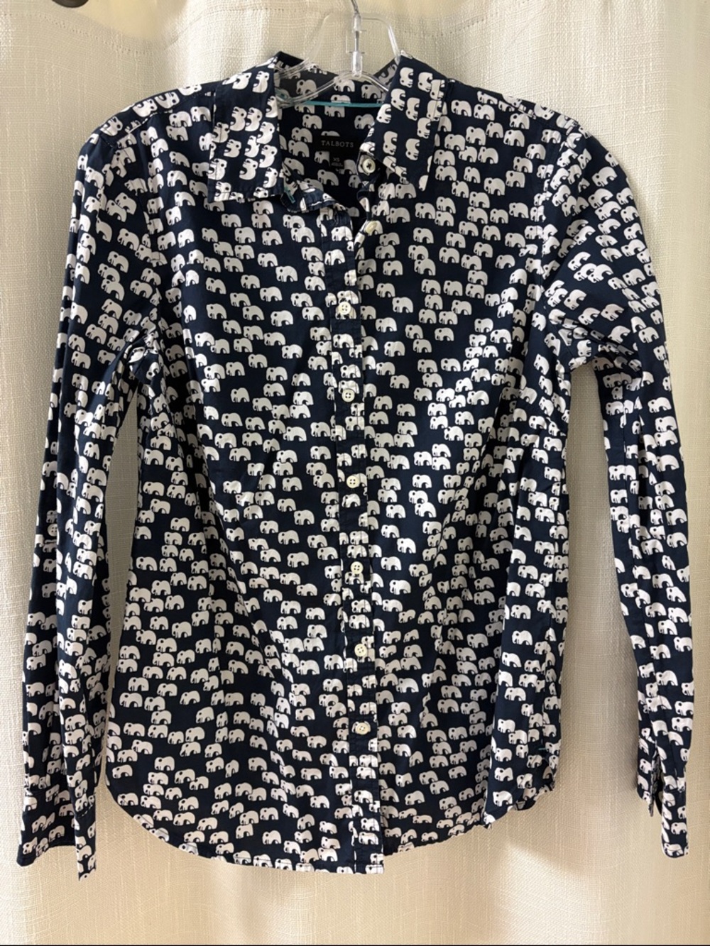 Talbots Navy Button-Down Shirt with White Elephant Motif